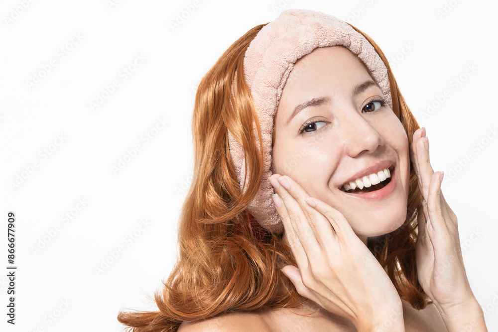 Portrait of beautiful young redhead latin woman, with clean, smooth skin, with facial care, concept applying facial creams, spa Portrait of beautiful young redhead latin woman, with clean, smooth skin, with facial care, concept applying facial creams, spa