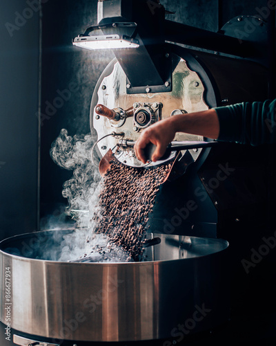 Coffee beans on coffee roaster machine