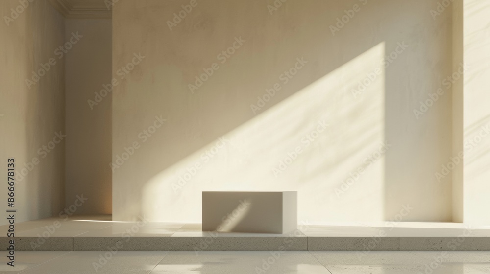 Fototapeta premium White Cube Platform in a Modern Minimalist Room With Sunlight