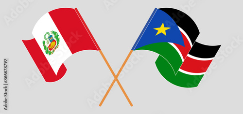Crossed and waving flags of Peru and South Sudan