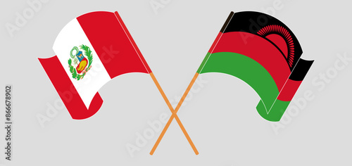 Crossed and waving flags of Peru and Malawi