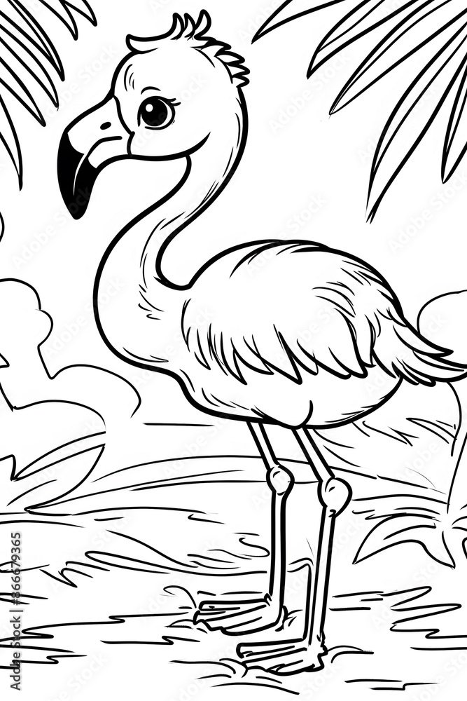 Fototapeta premium Flamingo Coloring Pages for Kids with Jungle Background