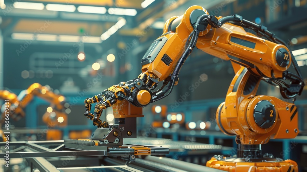 Smart manufacturing: An AI robot operating a robotic arm for assembly in a high-tech factory, highlighting the future of industrial automation