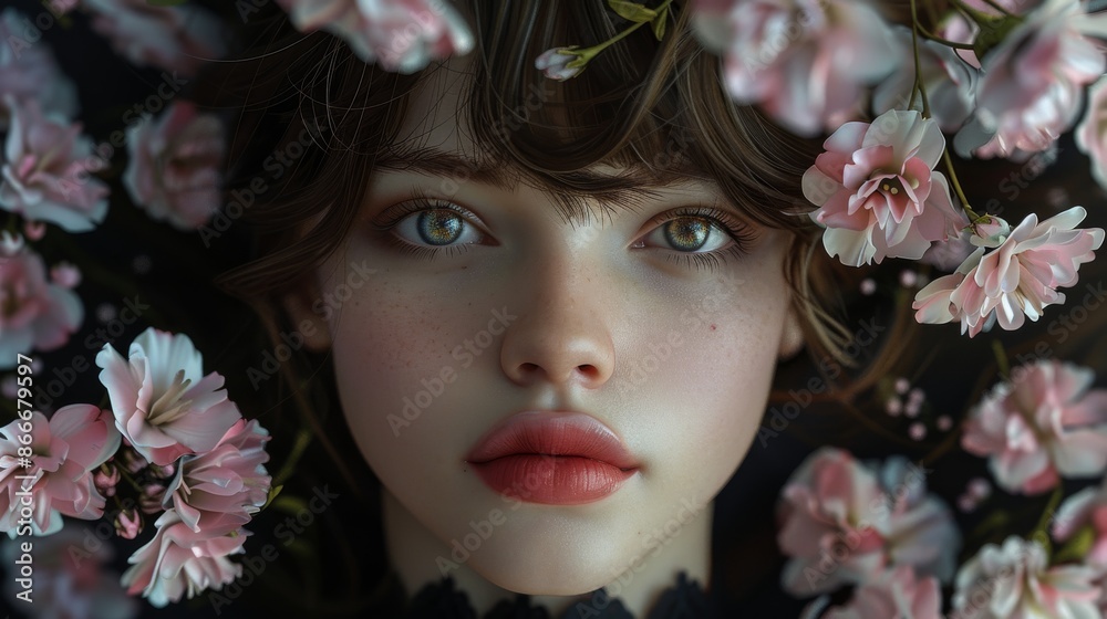 Naklejka premium The face of a beautiful woman, beautiful eyes, and flowers around her. Spring fashion model face concept