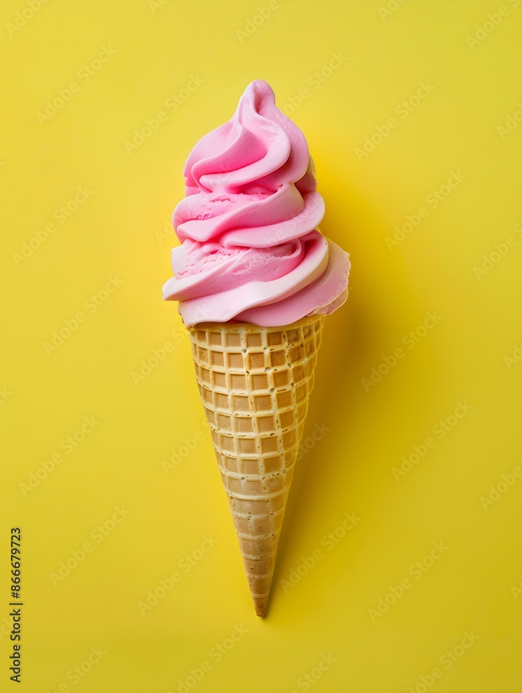 Hot Pink Ice Cream Cone on a yellow Background
