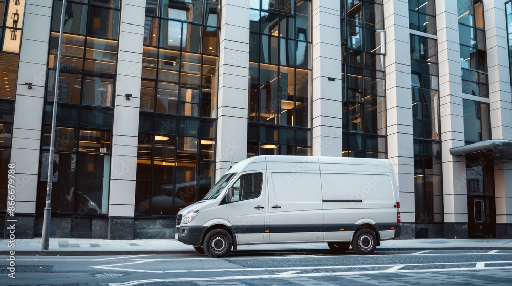 Fototapeta premium Urban logistics: A delivery van parked outside a modern office building, symbolizing efficient home and office delivery services in the city