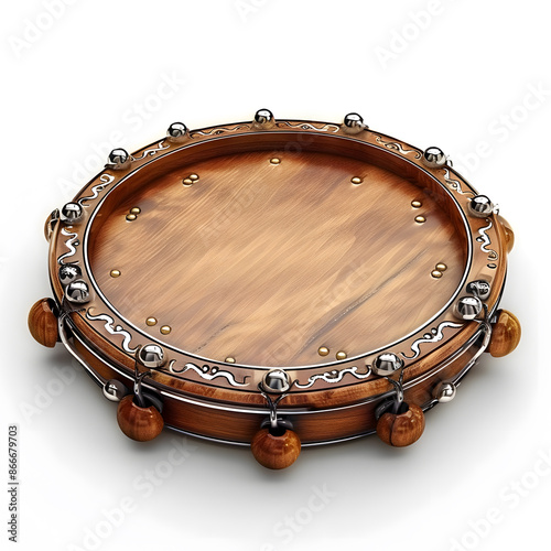 Tambourine, ancient percussion musical instrument, close-up, isolated on white