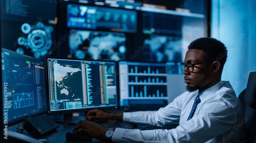 Businessman Working with Multiple Computer Screens in Data Analysis Center Businessman Working with Multiple Computer Screens in Data Analysis Center