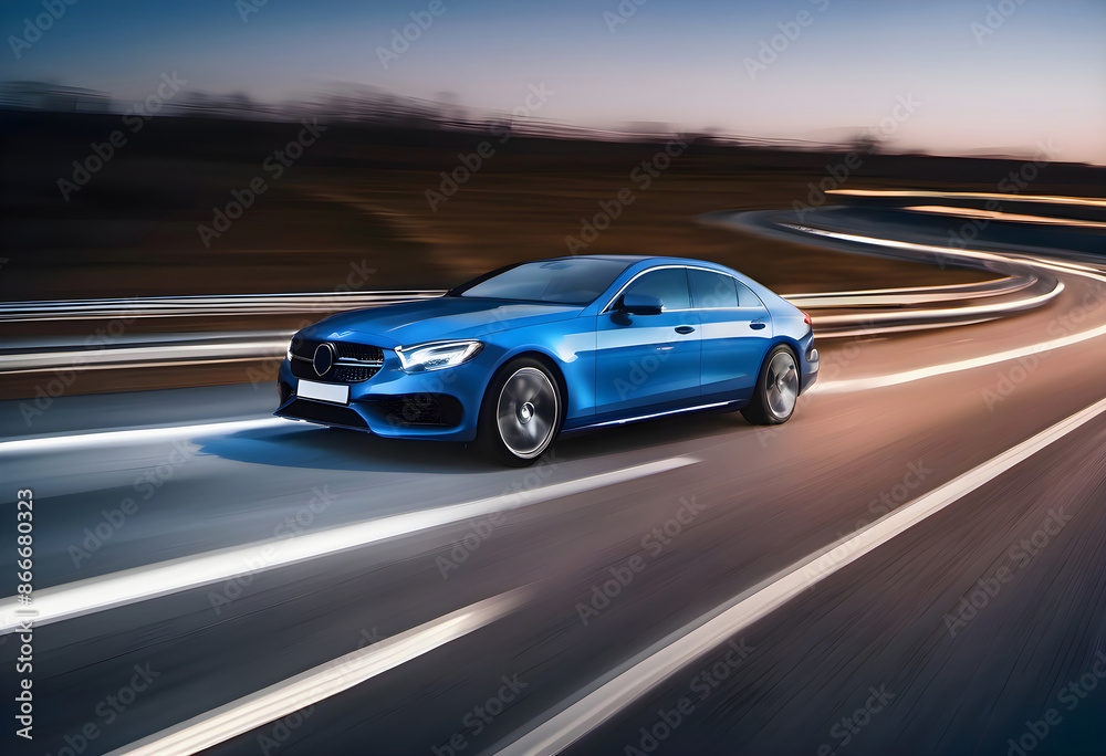 Fototapeta premium Car on the road rides at speed in the evening with motion blur background, extreme