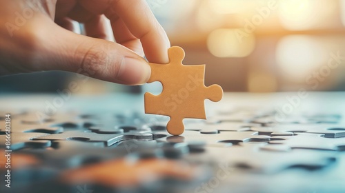 Hand Placing Last Piece of Jigsaw Puzzle in Strategic Management Concept