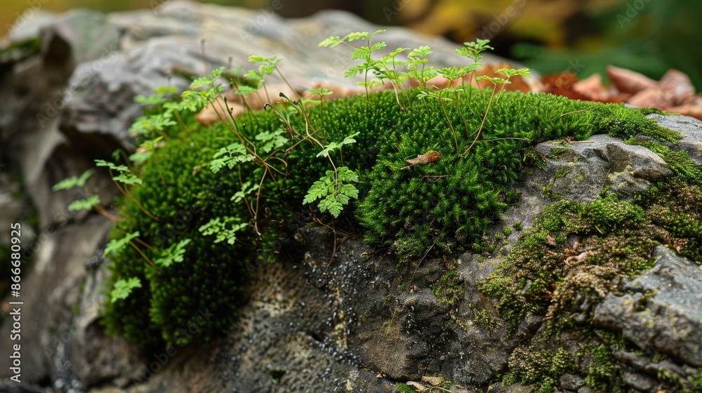 Moss resembling fern foliage appears as thin small and long growth attached to a rock in a close up forest view during the early fall season Moss resembling fern foliage appears as thin small and long growth attached to a rock in a close up forest view during the early fall season