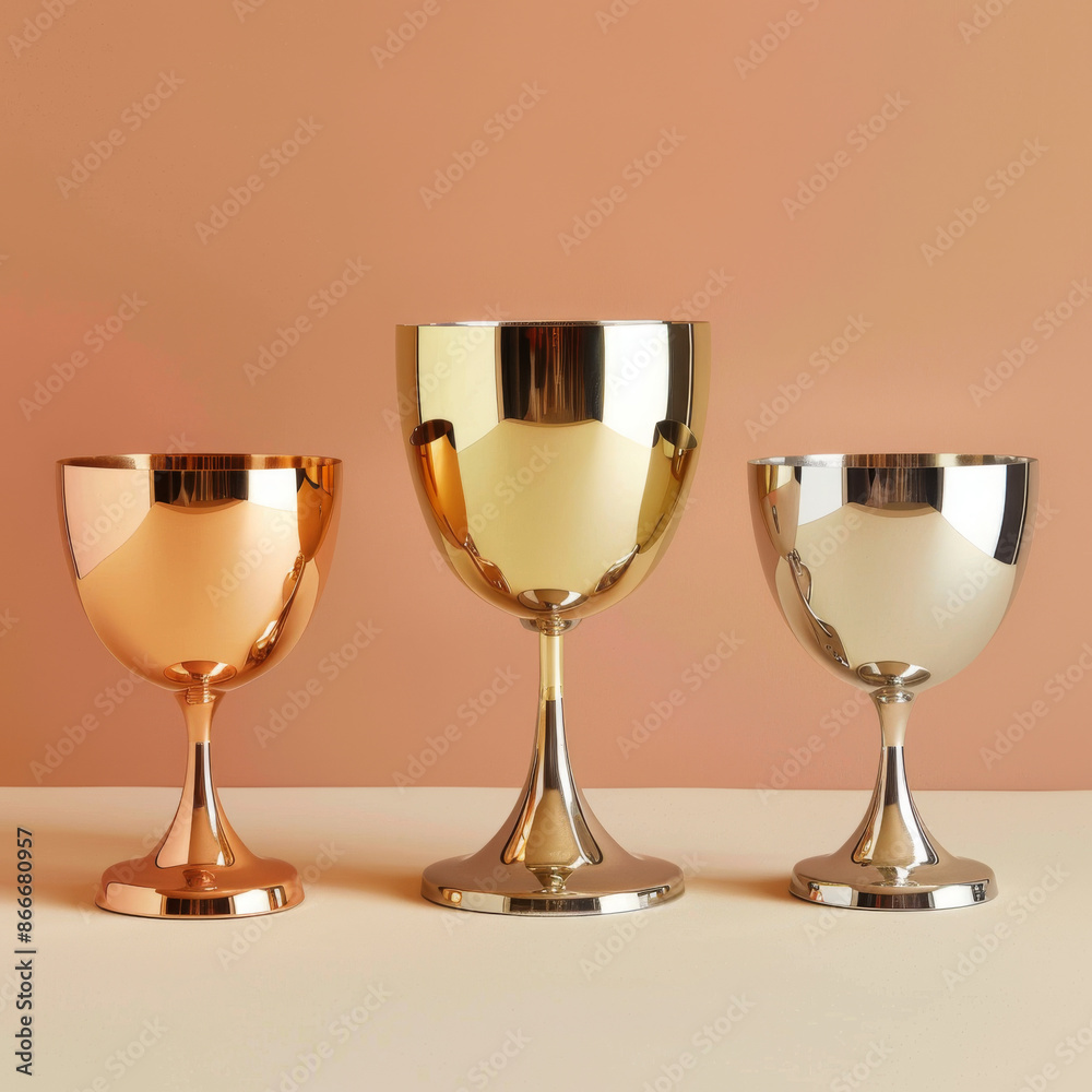 Vector illustration of gold, silver, and bronze trophy cups, representing game winner prizes, racing sport trophies, and ranking place goblets. Vector illustration of gold, silver, and bronze trophy cups, representing game winner prizes, racing sport trophies, and ranking place goblets.