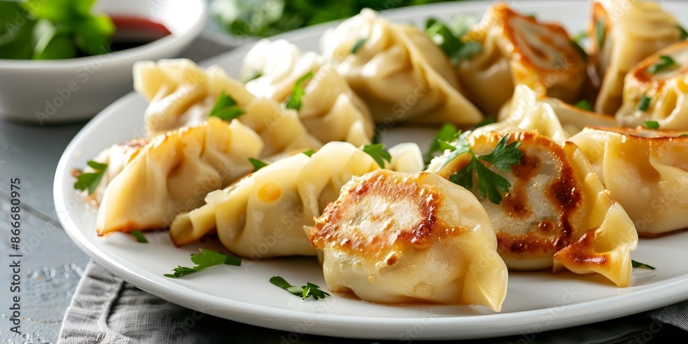 Asian dumplings with meat and vegetable filling on a white plate. Concept Food Photography, Asian Cuisine, White Plate Presentation, Dumplings Recipe, Meat and Vegetable Filling Asian dumplings with meat and vegetable filling on a white plate. Concept Food Photography, Asian Cuisine, White Plate Presentation, Dumplings Recipe, Meat and Vegetable Filling