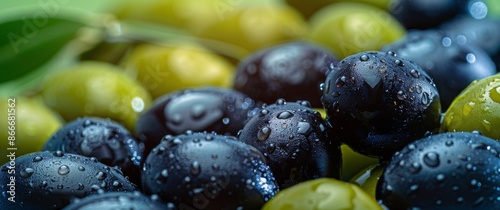 Close Up of Black and Green Olives Covered in Water Drops