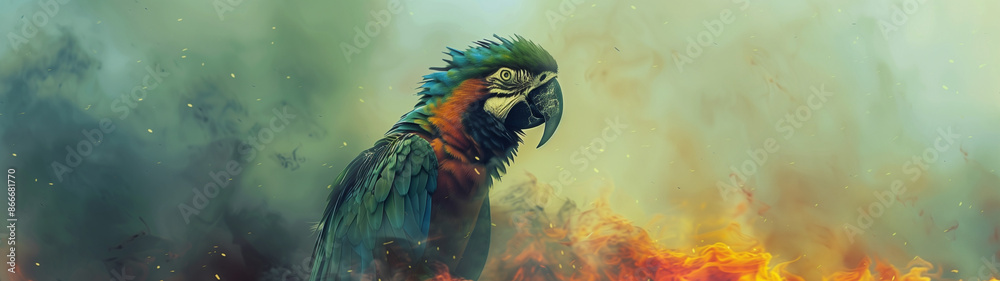 parrot double exposure with a burning jungle, concept of species extinction through slash-and-burn agriculture, created with generative AI technology parrot double exposure with a burning jungle, concept of species extinction through slash-and-burn agriculture, created with generative AI technology