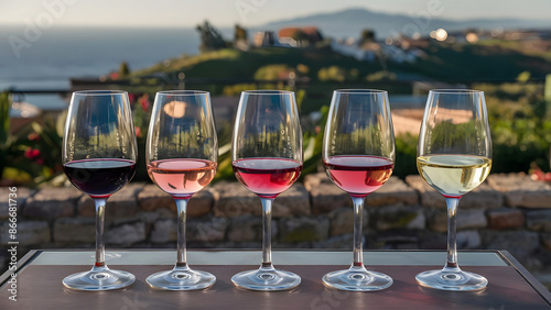 Selective focus on a selection of red, rose and white wines during a wine tasting event on the island of Crete in Greece