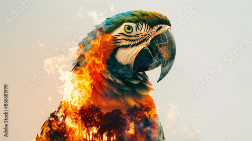 parrot double exposure with a burning jungle, concept of species extinction through slash-and-burn agriculture, created with generative AI technology