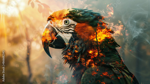 parrot double exposure with a burning jungle, concept of species extinction through slash-and-burn agriculture, created with generative AI technology