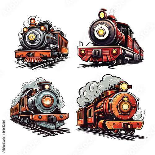 Set of retro locomotives on a white background. Design elements for logo, label, emblem, sign. Vector illustration.