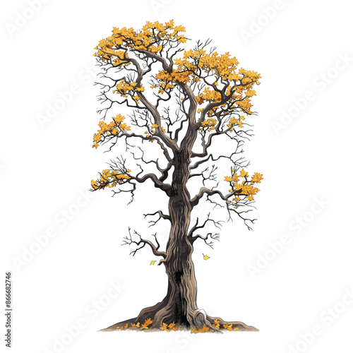 Isolated tabebuia golden yellow flower blossom tree on a white background.