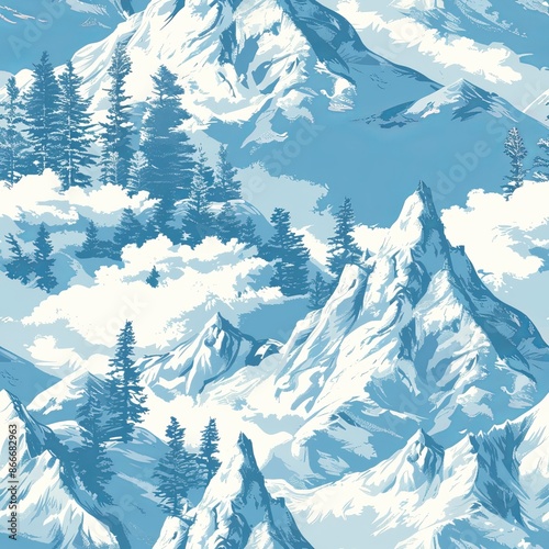 Blue mountains with snowy peaks and pine trees Seamless pattern