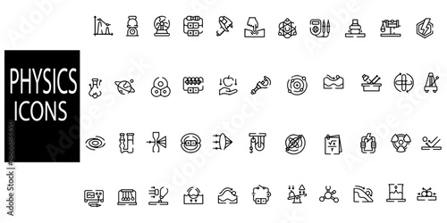 Physics icons collection.44 icon set.ontaining biology, laboratory, experiment, scientist, research, physics, chemistry and more icons. Vector illustration. photo