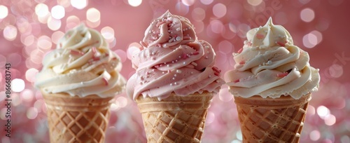 Three Soft Serve Ice Cream Cones With Sprinkles and a Pink Bokeh Background