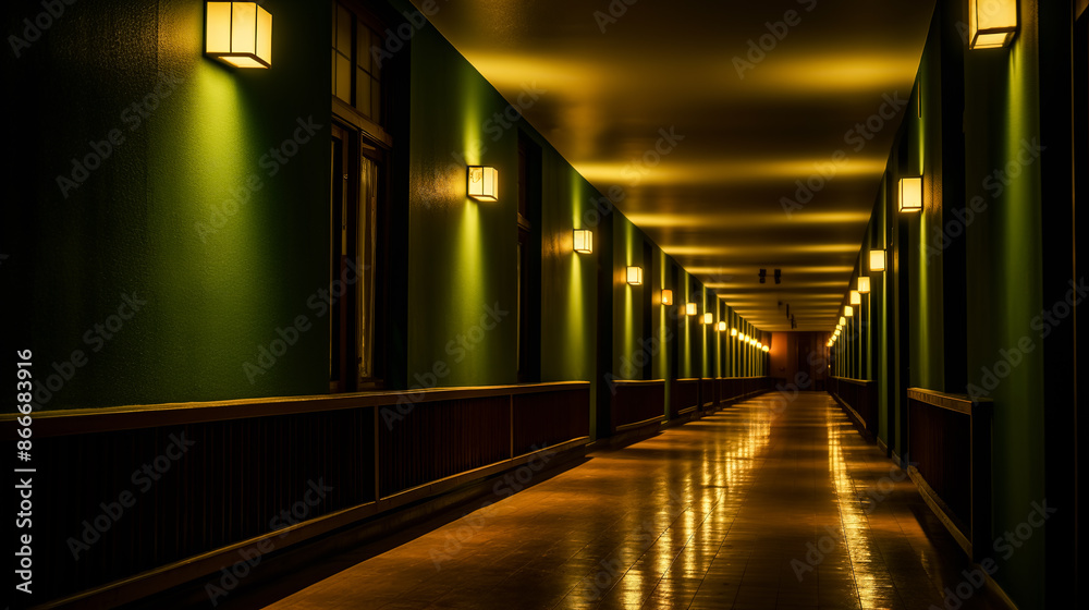 A long empty corridor in a hotel lobby, illuminated by lamps with green and yellow lights. A long empty corridor in a hotel lobby, illuminated by lamps with green and yellow lights.
