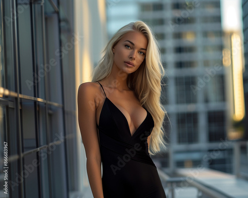 Smiling Happy Beautiful Woman Wearing Sexy Black Dress in Vibrant Cityscape 