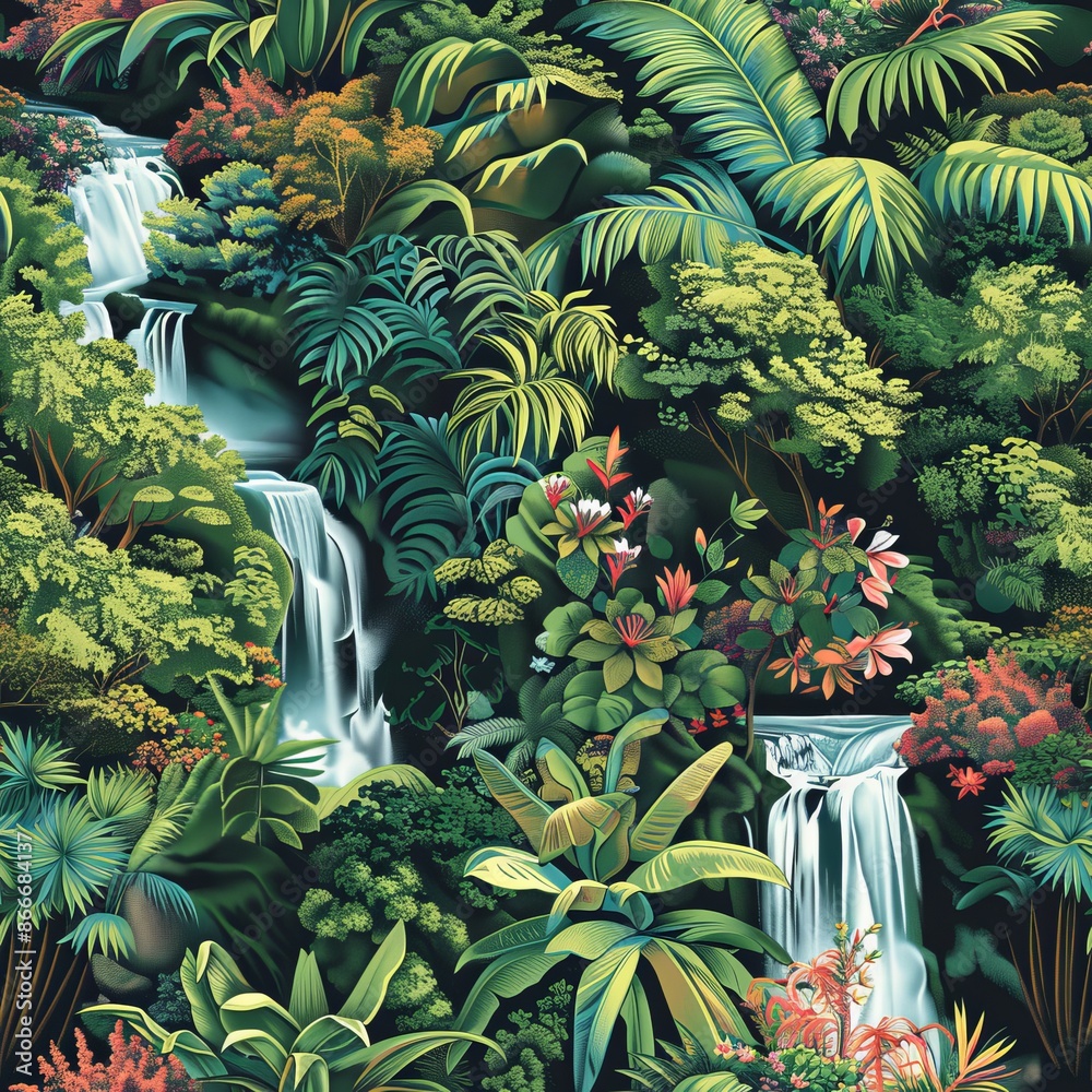 Obraz premium Lush tropical rainforest waterfall scene with vivid green foliage and colorful flowers Seamless pattern