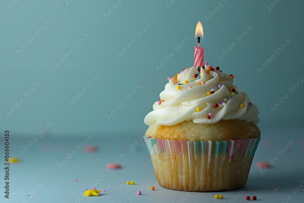 Cupcake with lit candle and colorful sprinkles Cupcake with lit candle and colorful sprinkles