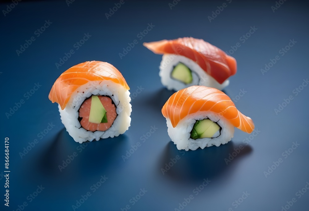 Sushi close-up isolated on pale blue background Sushi close-up isolated on pale blue background
