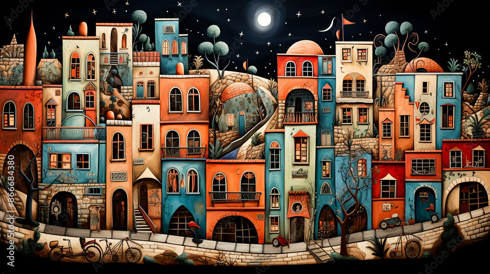 Fantasy landscape of a fairy tale town at night with the moon on a black sky - illustration for the children Fantasy landscape of a fairy tale town at night with the moon on a black sky - illustration for the children