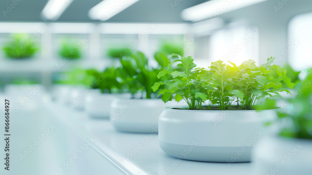 Modern hydroponic indoor garden with fresh green plants growing in white containers under LED lights in a high-tech environment. Modern hydroponic indoor garden with fresh green plants growing in white containers under LED lights in a high-tech environment.