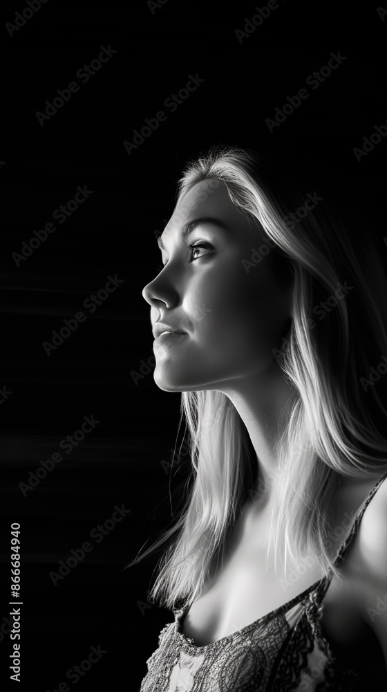 Portrait of a beautiful young woman in profile on a black background. Black and white photo. Low key. Close-up. Portrait of a beautiful young woman in profile on a black background. Black and white photo. Low key. Close-up.