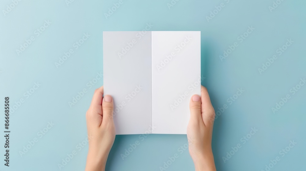 Close-up of hands holding an open blank card on a blue background, ready for design or customization. Perfect for invitations or greetings.