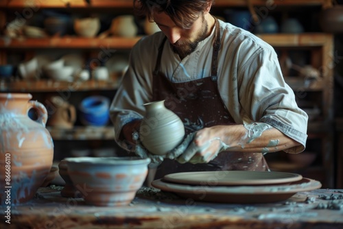 An elderly artisan meticulously crafting pottery in a warm, well-lit workshop. Focused and passionate. AIG58 photo