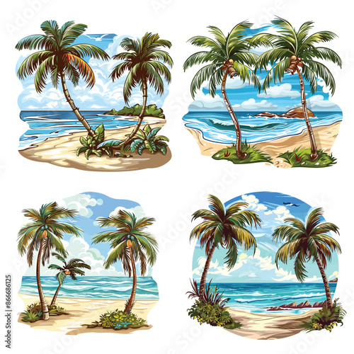 Collection of plants of tropical forest, and summer landscapes. Vector holiday on the beach, travel, nature, paradise island, ocean sun, and relaxation design isolated on a white background