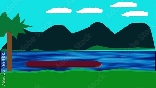 landscape with mountains, lake and a boat is on the water