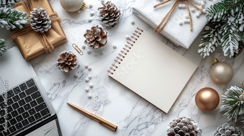 A festive scene featuring a blank notepad with a golden pen, surrounded by holiday decorations such as pinecones, wrapped gifts, and frosted branches on a marble surface.