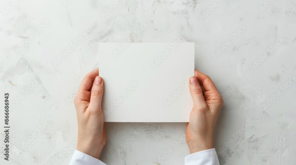 Hands holding a blank white card on a marble background, suitable for mockups, invitations, or announcements. Perfect for creative designs. Hands holding a blank white card on a marble background, suitable for mockups, invitations, or announcements. Perfect for creative designs.