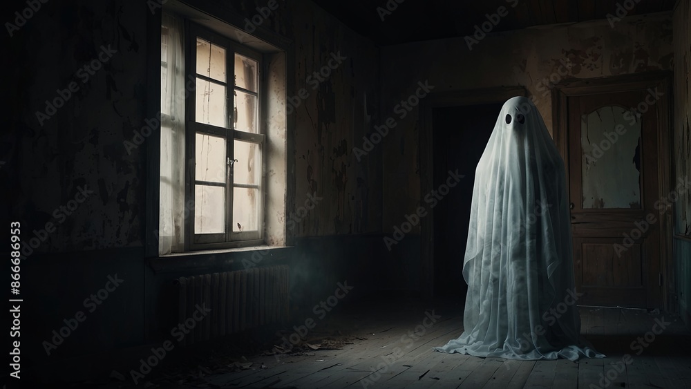 a ghostly figure covered in a translucent sheet standing in a dark, dilapidated room with peeling wallpaper and a window a ghostly figure covered in a translucent sheet standing in a dark, dilapidated room with peeling wallpaper and a window
