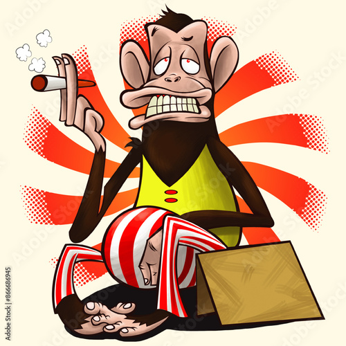ilustracion de simio vagabundo pidiendo monedas