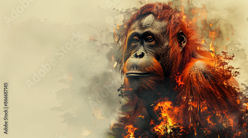 Orangutan double exposure with a burning jungle, concept of species extinction by slash-and-burn, created with generative AI technology