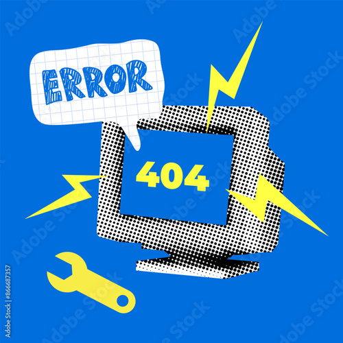 Modern collage with retro halftone computer. 90s style PC. Error 404, page not found. Concept of technical work on the site, site reconstruction. Cut out newspaper elements