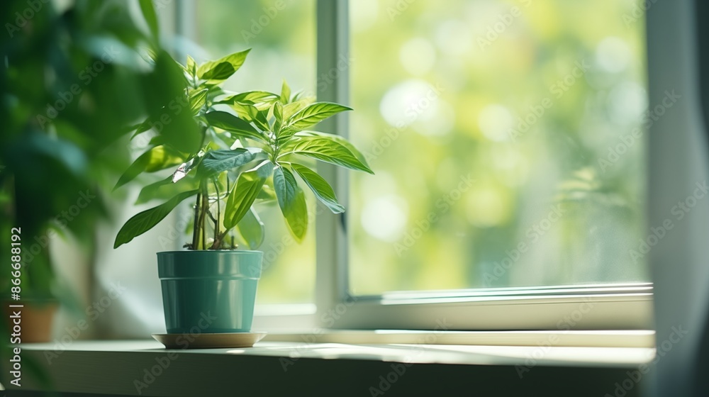green plant close to window in a sunny day. green plant close to window in a sunny day.