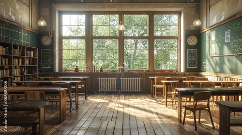 "Interior of a School Classroom with Wooden Desks"   © Waqas