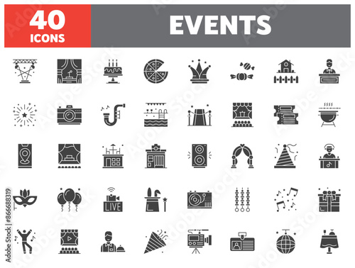 Set of 40 line icons event. Outline icon collection. Editable stroke. Vector illustration.