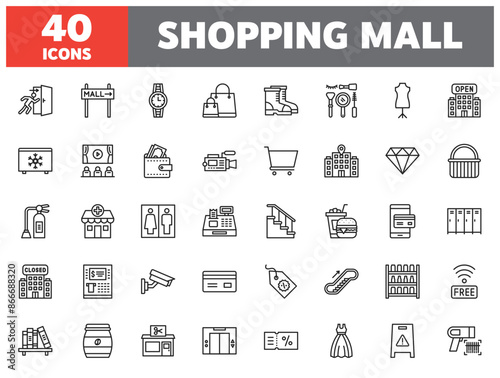 Set of 40 line icons shopping mall. Outline icon collection. Editable stroke. Vector illustration.