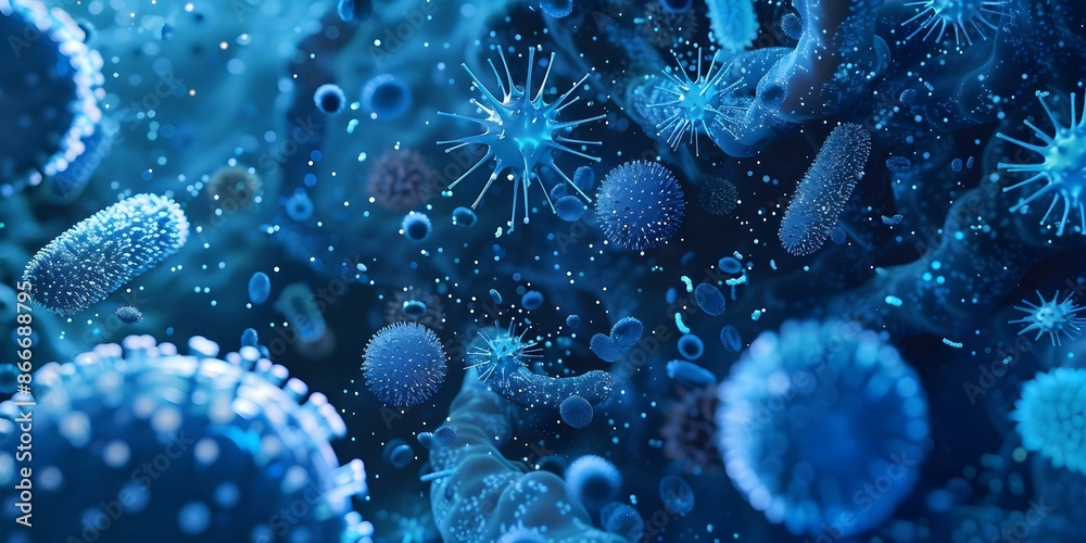 Microscopic blue background image of various germs and probiotics ...